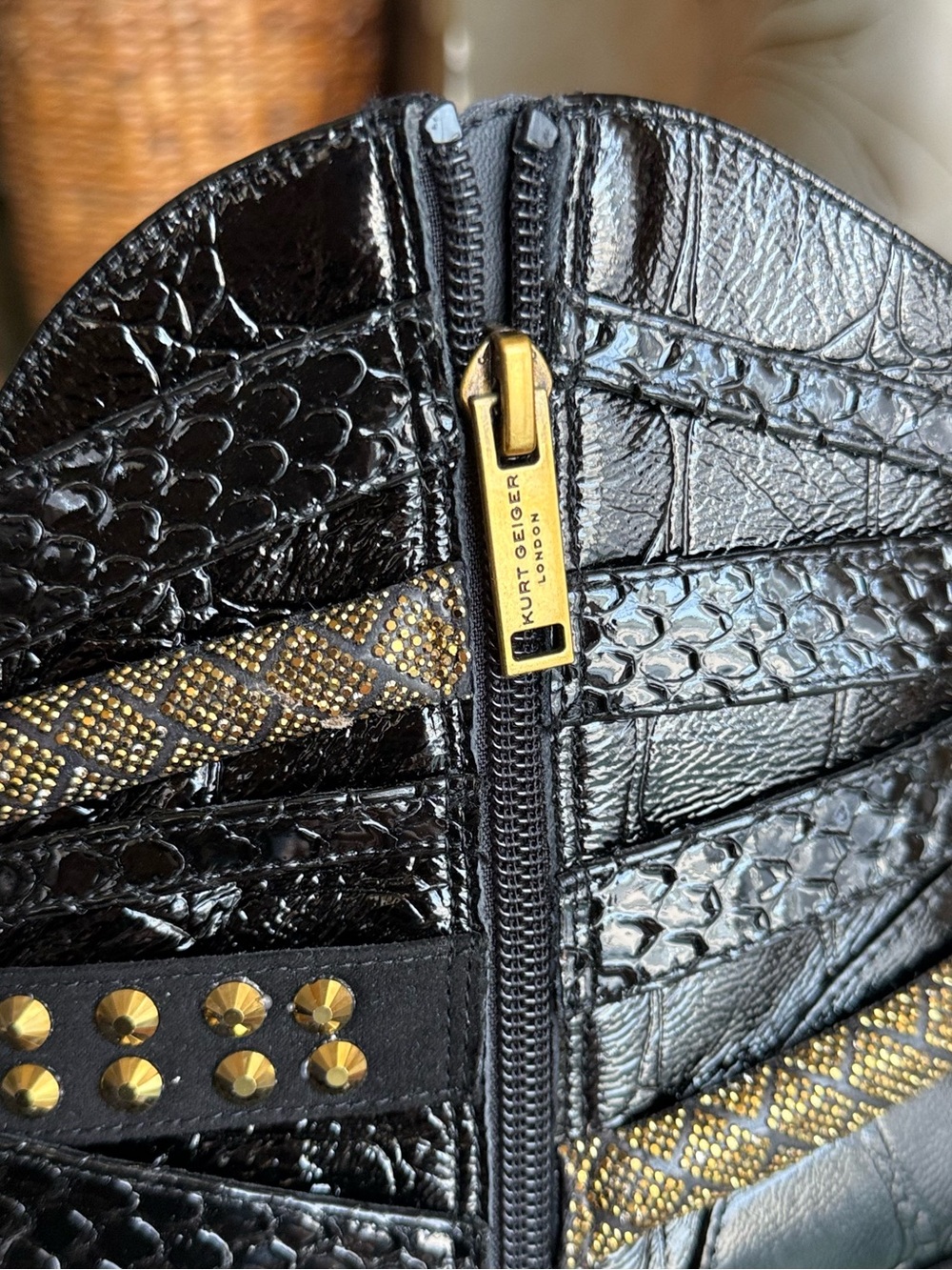 KURT GEIGER BLACK Croc-Embossed Pointed Ankle Booties gold accents western shoes - Picture 6 of 14